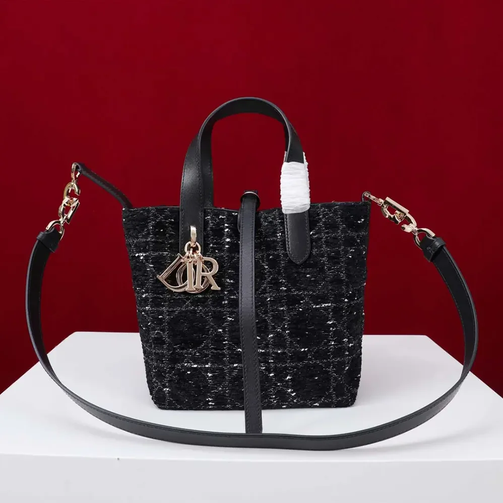 Dior Small Dior Toujours Vertical Tote Bag Black Tweed with White Cannage Motif for Women
