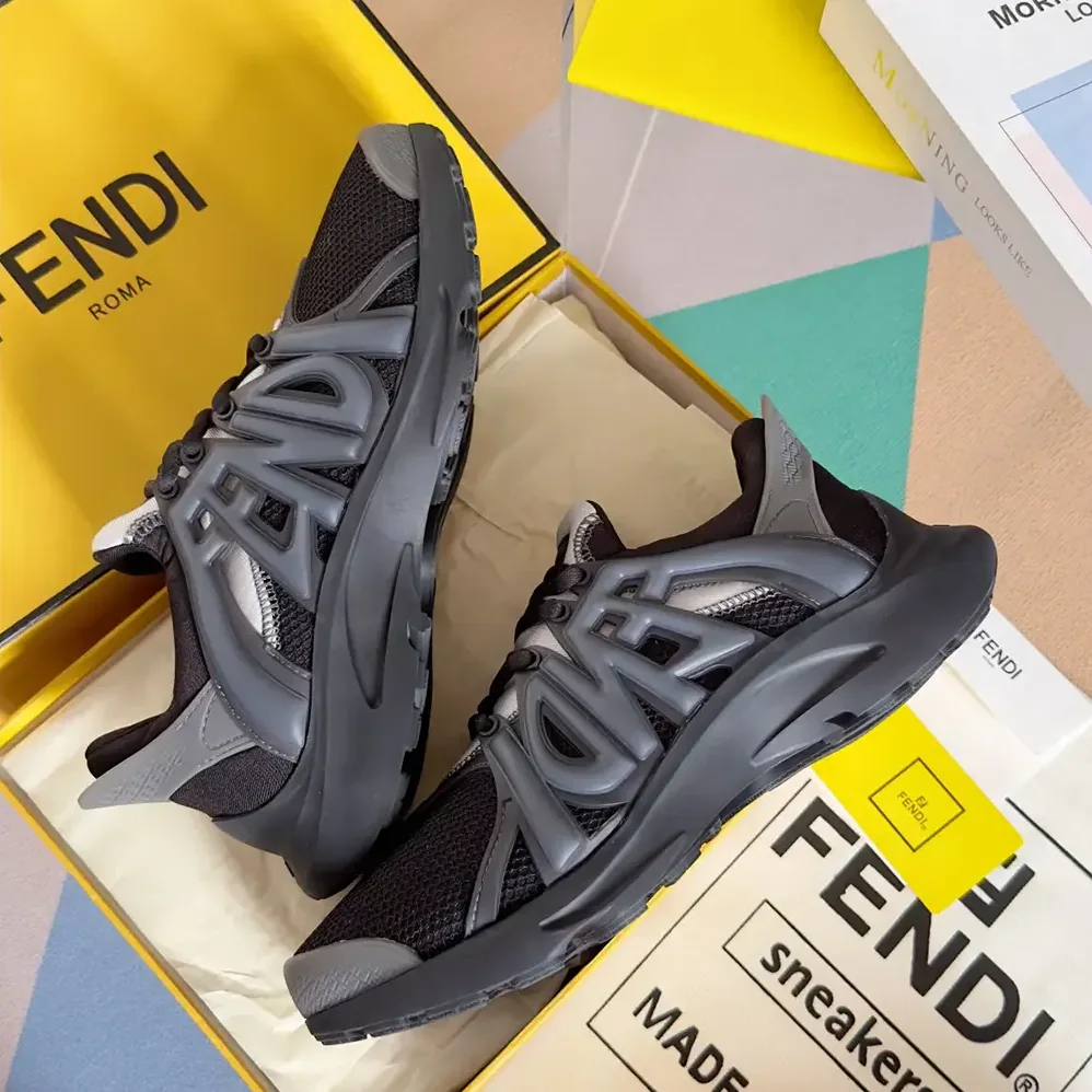 Fendi Tag Sneakers Black Technical Mesh Running Sneakers for Men Fendi Tag Sneakers Black Technical Mesh Running Sneakers for Men
