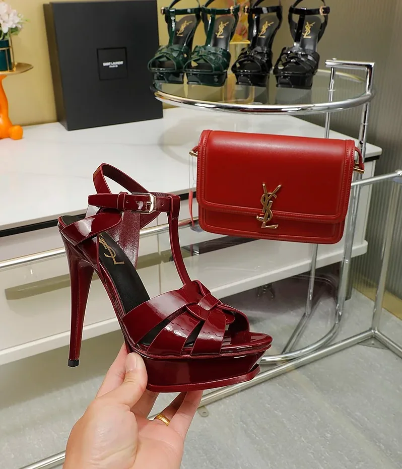 Saint Laurent Tribute Platform Sandals In Smooth Burgundy