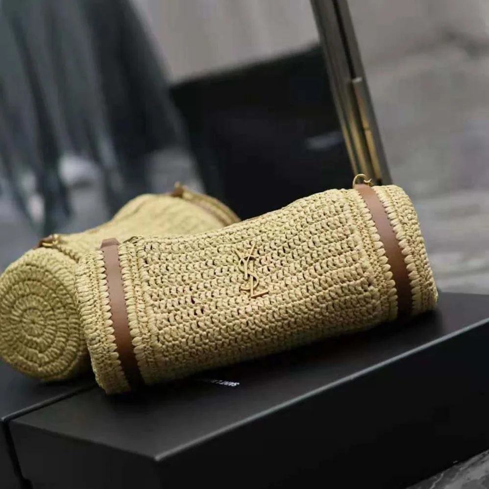 Saint Laurent YSL Cassandre Small Cylindric Bag in Raffia and Vegetable for Women in tanned Leather Saint Laurent YSL Cassandre Small Cylindric Bag in Raffia and Vegetable for Women in tanned Leather