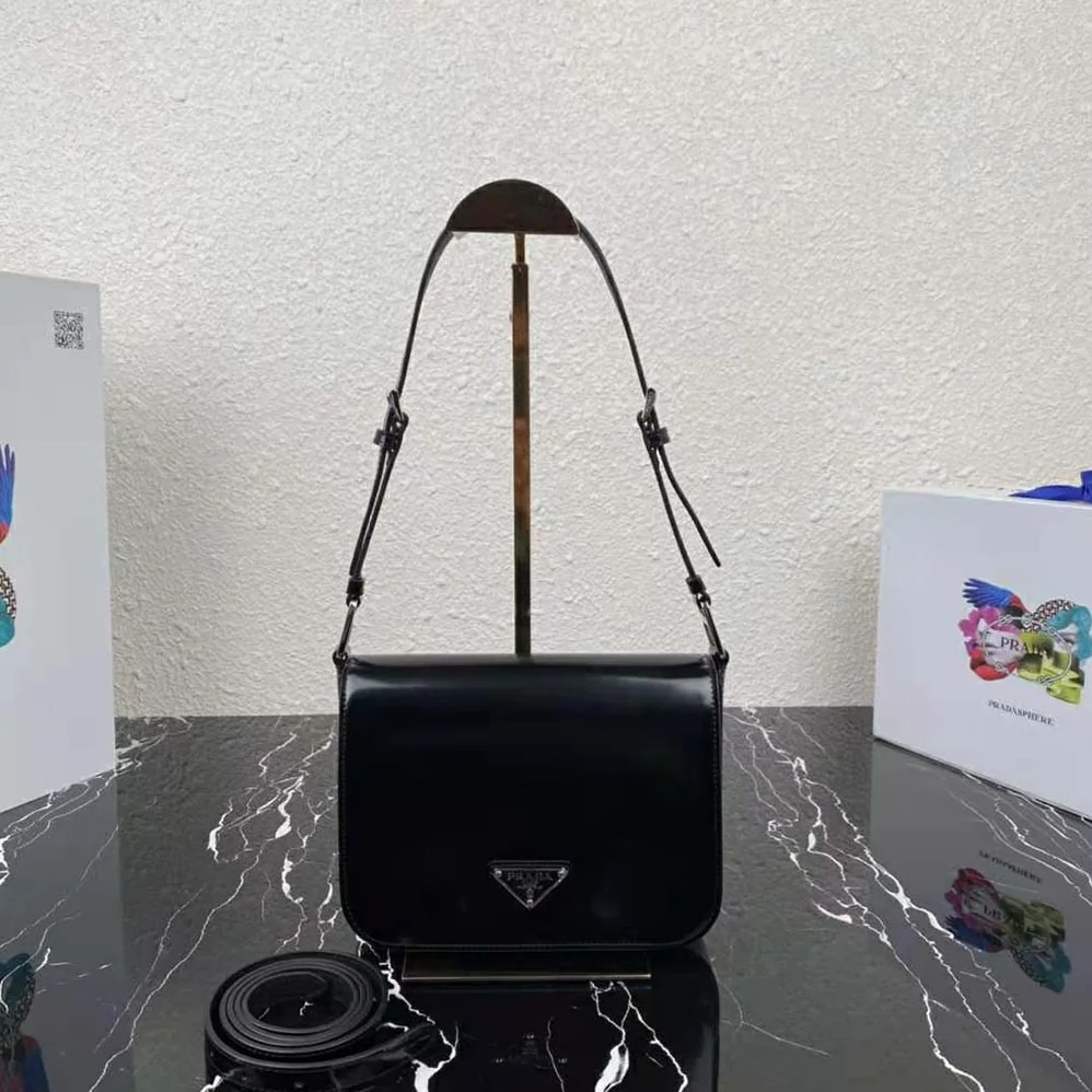 Prada Brushed Leather Shoulder Bag for Women in Black Prada Brushed Leather Shoulder Bag for Women in Black