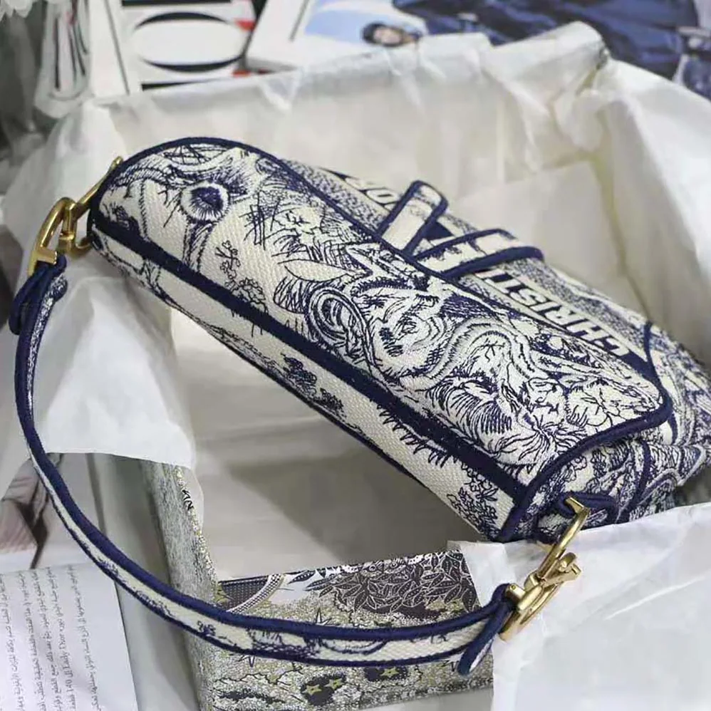 Dior Saddle Bag Blue Toile de Jouy Embroidery for Women