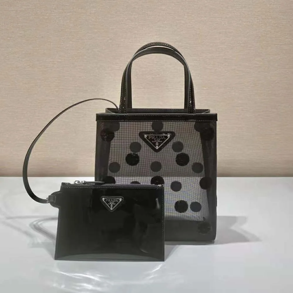 Prada Small Polka-Dot Mesh Tote Bag for Women in Black Prada Small Polka-Dot Mesh Tote Bag for Women in Black