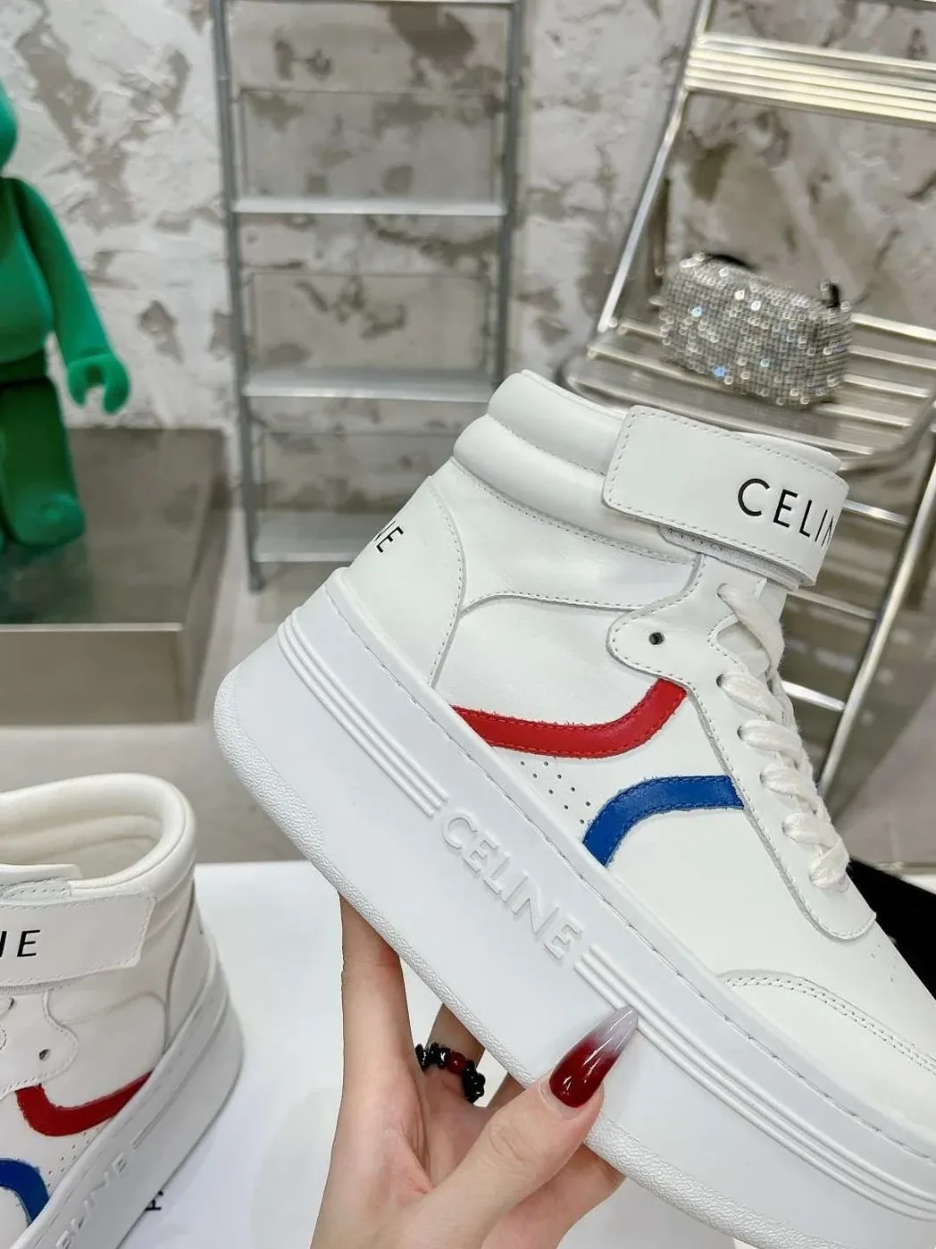 Celine Mid Block Sneakers With Velcro And Wedge White .01UR