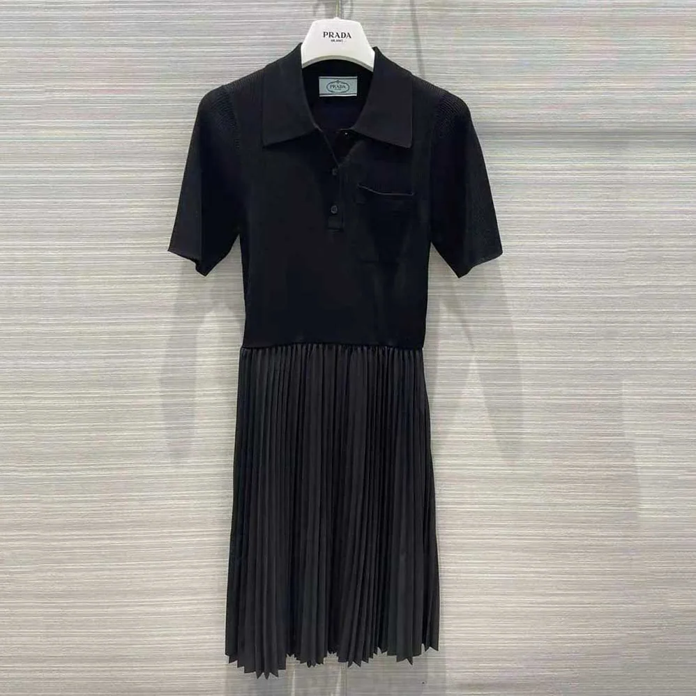 Prada Crepe DE Chine and Knit Dress for Women in Black Prada Crepe DE Chine and Knit Dress for Women in Black