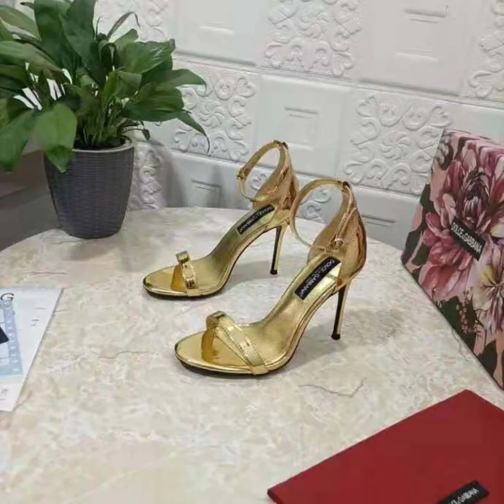 Dolce Gabbana D&G Mirrored-Effect Calfskin Sandals for Women in Gold Dolce Gabbana D&G Mirrored-Effect Calfskin Sandals for Women in Gold