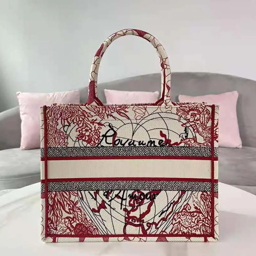Dior Small Dior Book Tote Red and White D for Women in Royaume D Amour Embroidery