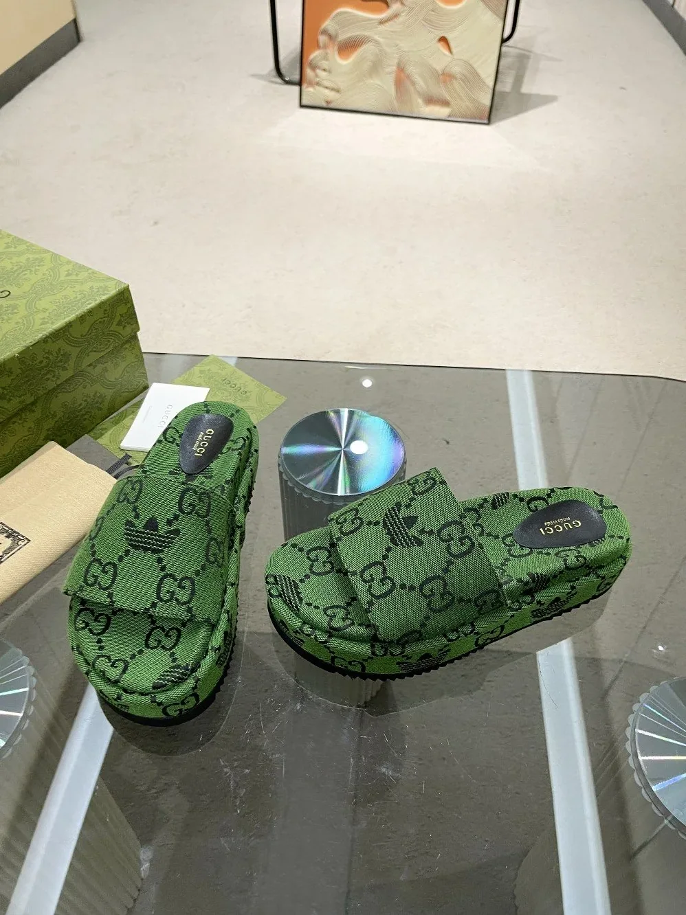 Gucci x Adidas GG Platform Sandal Dark Green for Women