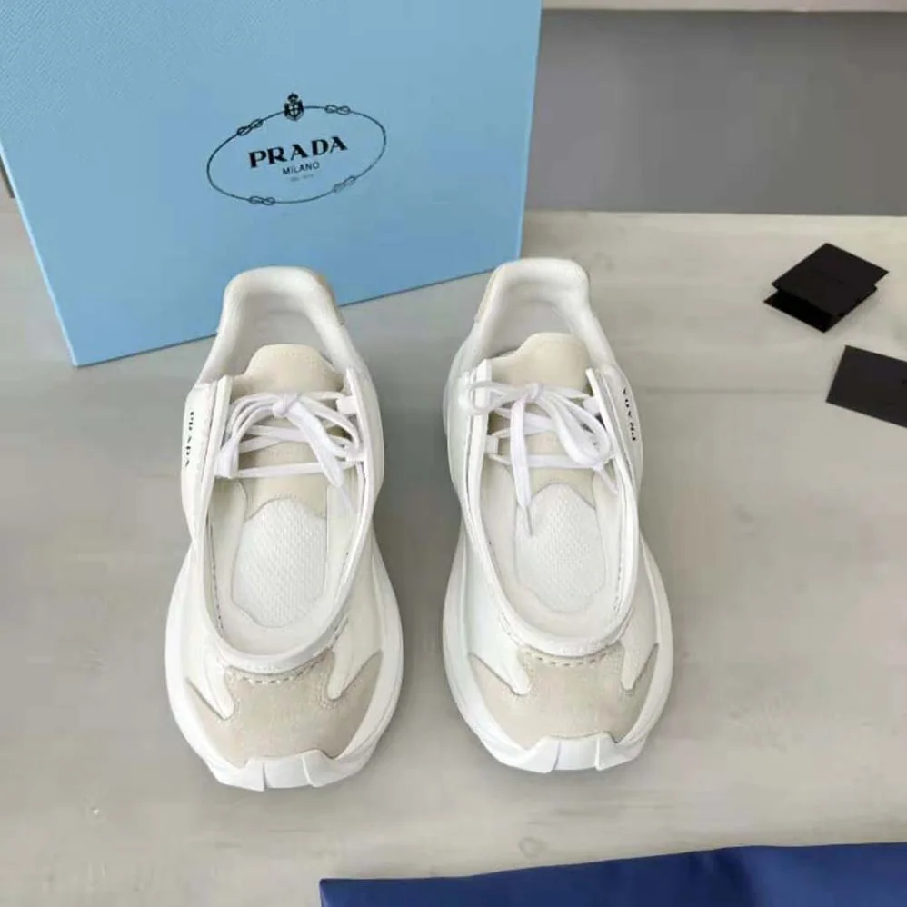 Prada Brushed Leather Sneakers with Bike Fabric and Suede Elements for Men in White Prada Brushed Leather Sneakers with Bike Fabric and Suede Elements for Men in White