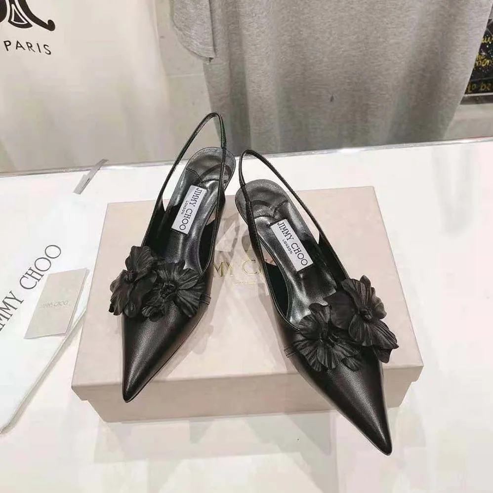 Jimmy Choo Amita Flowers 45 Black Nappa Leather Sling Back Pumps with Flowers for Women