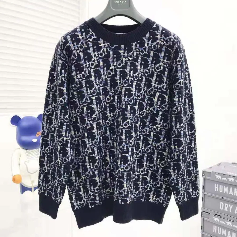 Dior Oblique Sweater Navy Blue Wool Jacquard for Men