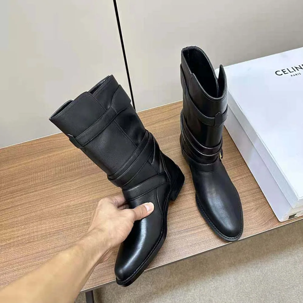 Celine Celine Lyra Triple Buckles Boot in Calfskin for Women in Black Celine Celine Lyra Triple Buckles Boot in Calfskin for Women in Black