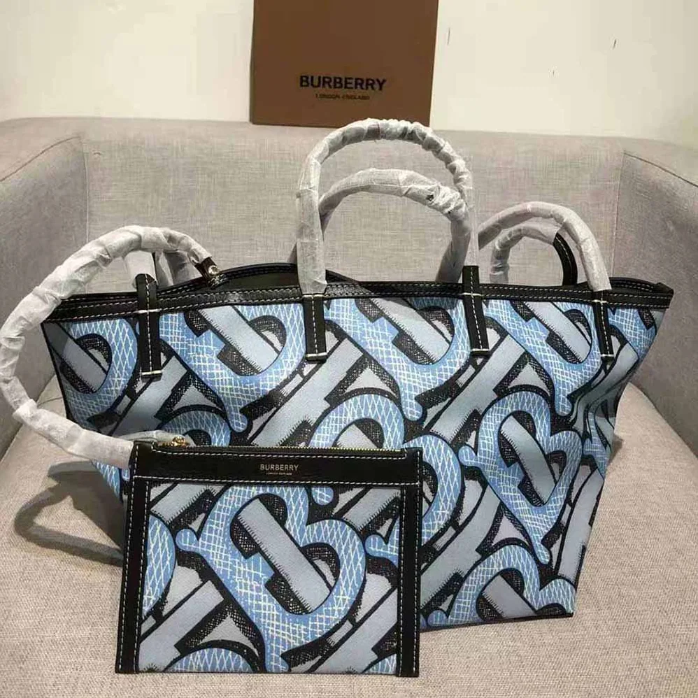 Burberry Mini Monogram Print E-canvas Beach Tote for Women in Blue Burberry Mini Monogram Print E-canvas Beach Tote for Women in Blue