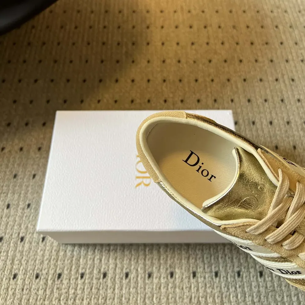 Dior Ribbon Sneaker Beige Suede Calfskin and Gold for Women in Tone Crinkled Laminated Lambskin Dior Ribbon Sneaker Beige Suede Calfskin and Gold for Women in Tone Crinkled Laminated Lambskin