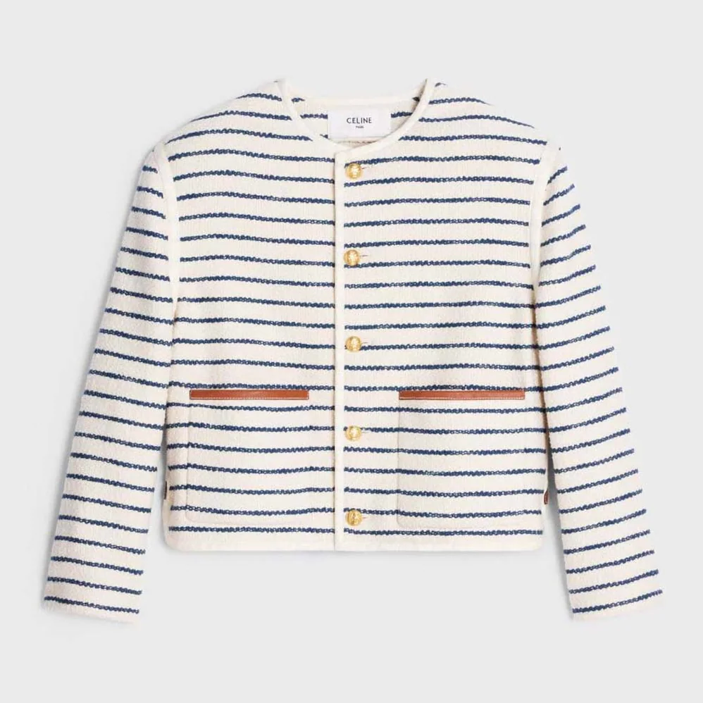 Celine Cardigan Jacket with Leather Details in Striped Cotton for Women Celine Cardigan Jacket with Leather Details in Striped Cotton for Women