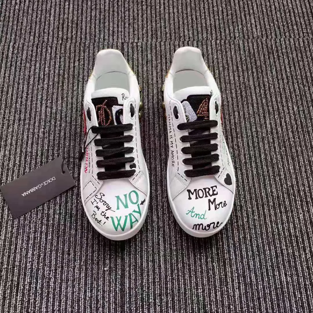 Dolce Gabbana D&G Printed Calfskin Nappa Portofino Sneakers with Patch and Embroidery for Women in White