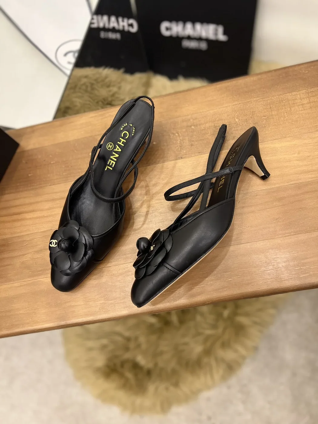 Chanel Camellia Flower Slingback Black for Women