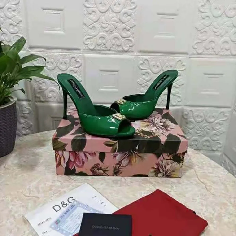 Dolce Gabbana D&G Patent Leather Mules with DG Logo for Women in Green