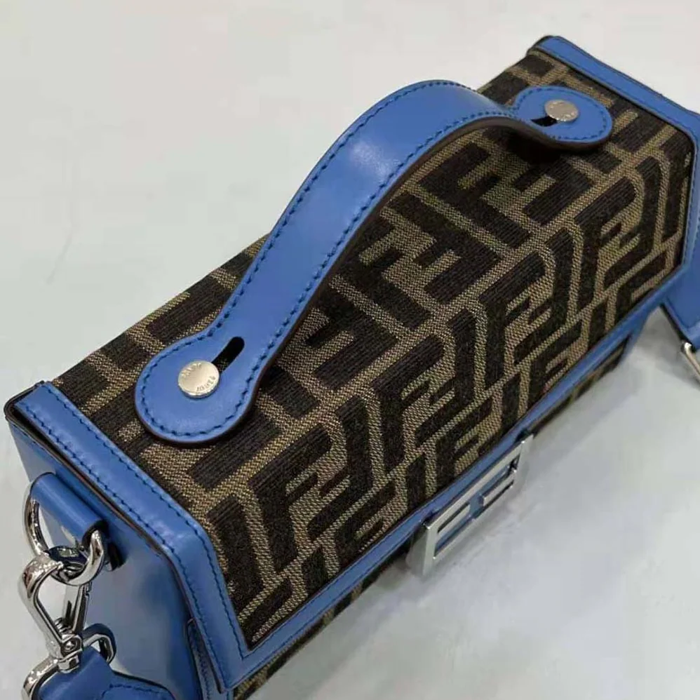 Fendi Soft Trunk Baguette Blue Leather and FF Fabric Bag for Men Fendi Soft Trunk Baguette Blue Leather and FF Fabric Bag for Men