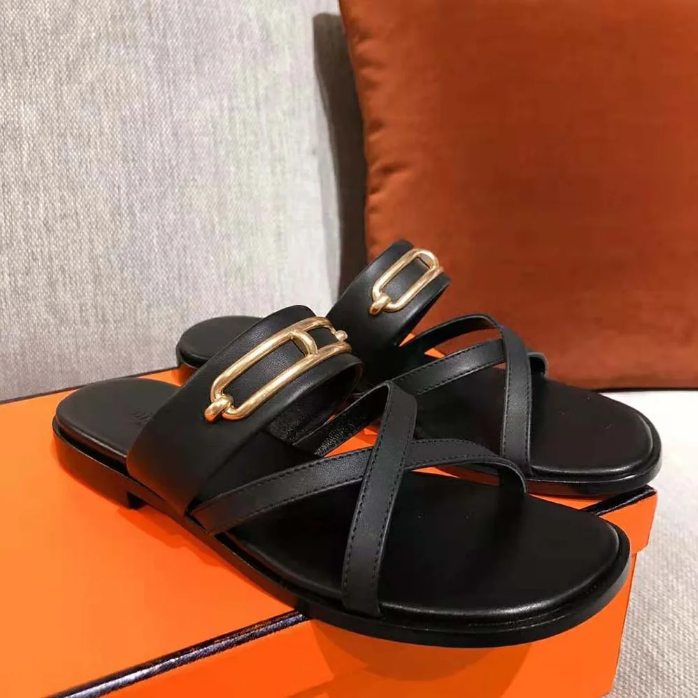 Hermes Claire Sandal in Calfskin Leather for Women in Black Hermes Claire Sandal in Calfskin Leather for Women in Black
