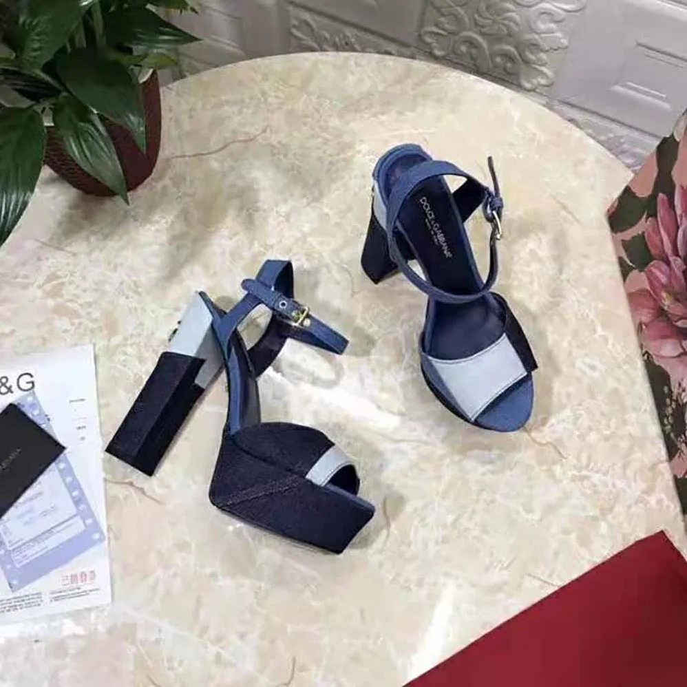 Dolce Gabbana D&G Patchwork Denim Platform Sandals for Women in Navy
