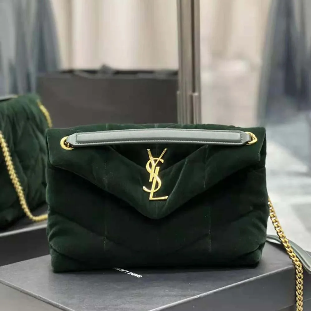 Saint Laurent YSL Puffer Small Bag in Velvet and Lambskin for Women in Green Saint Laurent YSL Puffer Small Bag in Velvet and Lambskin for Women in Green