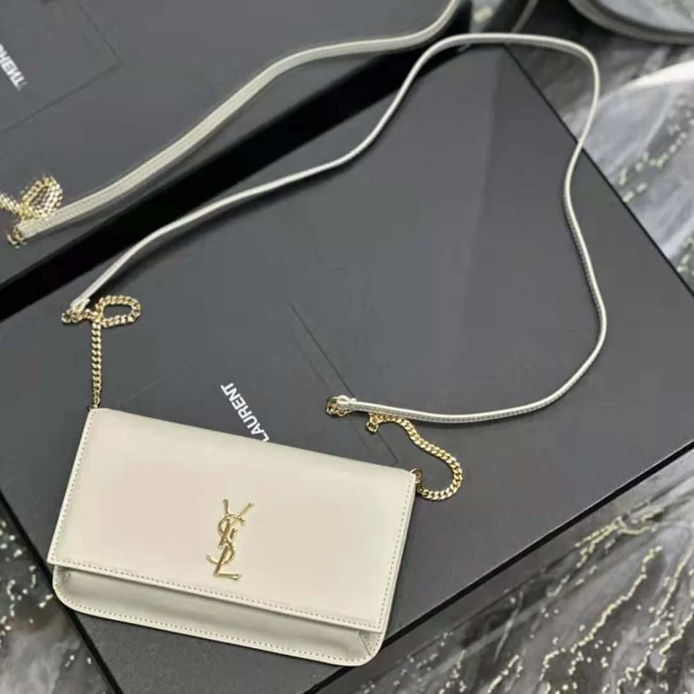 Saint Laurent YSL Cassandre Phone Holder with Strap in Smooth Leather for Women in White Saint Laurent YSL Cassandre Phone Holder with Strap in Smooth Leather for Women in White