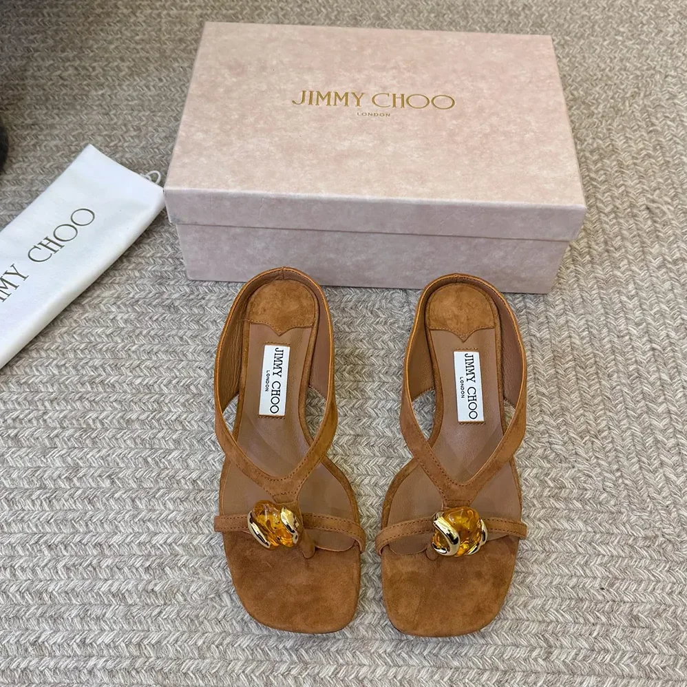 Jimmy Choo Emeri Stone 35 Tan Suede Sandals with Stone Detail for Women