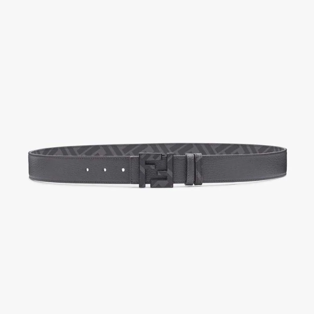 Fendi Gray Leather Belt with FF Buckle with Stud Closure for Men