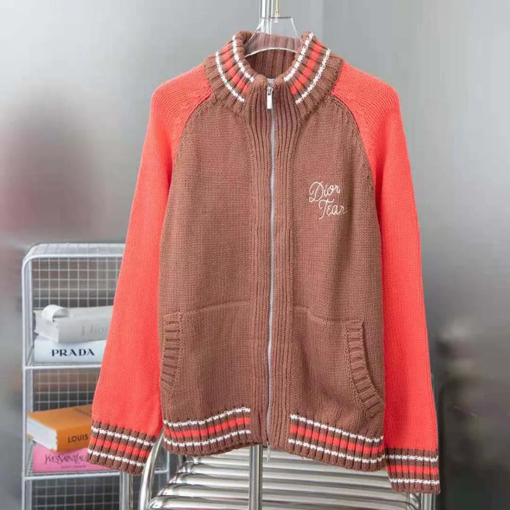 Dior Tears Zipped Blouson Brown and Red Wool and Cashmere Jersey for Men