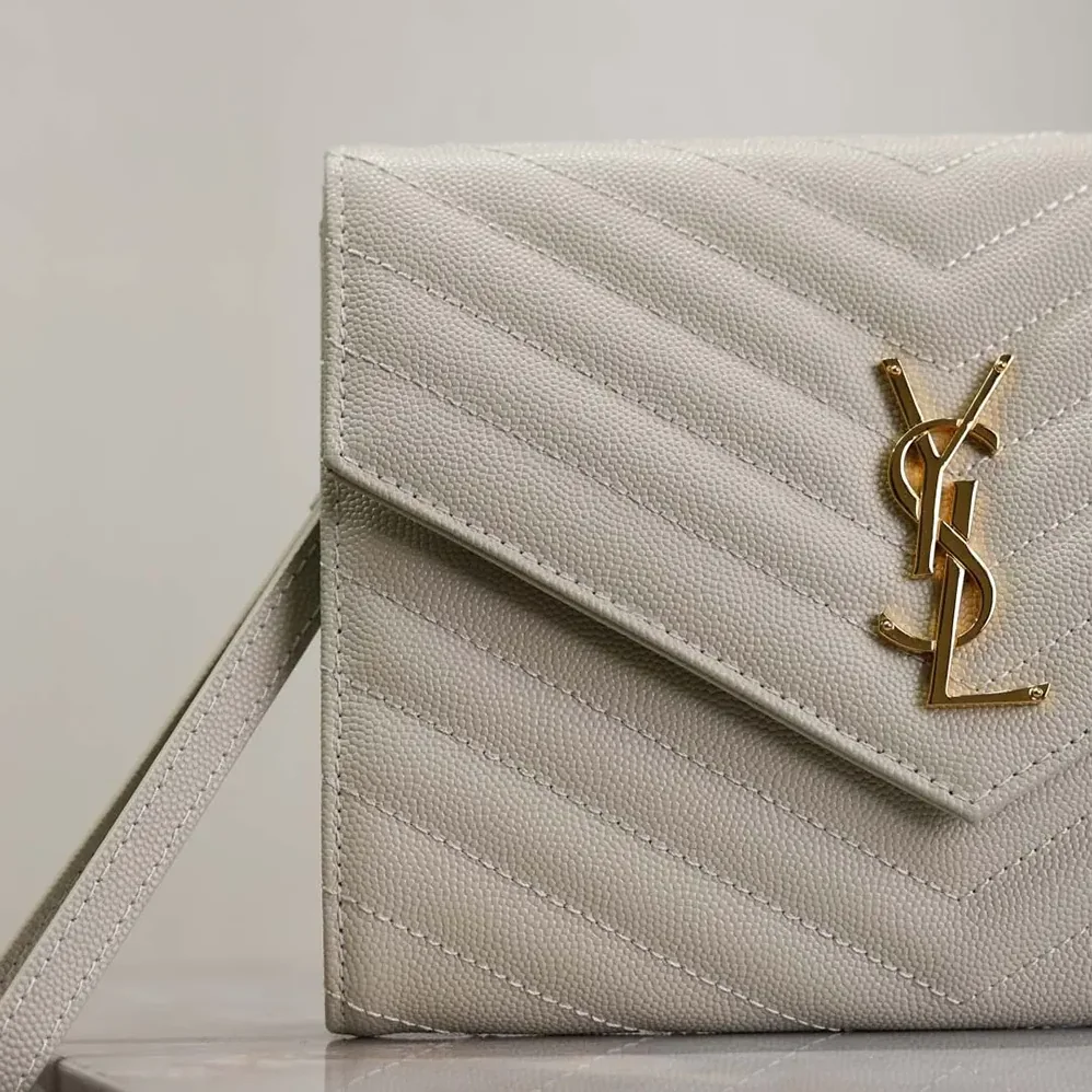 Saint Laurent YSL Cassandre Matelassé Flap Pouch In Grain De Poudre Leather White for Women