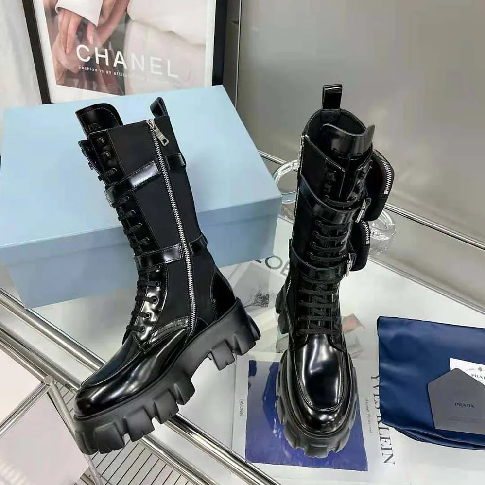 Prada Monolith Leather and Nylon Boots for Women in Black Prada Monolith Leather and Nylon Boots for Women in Black