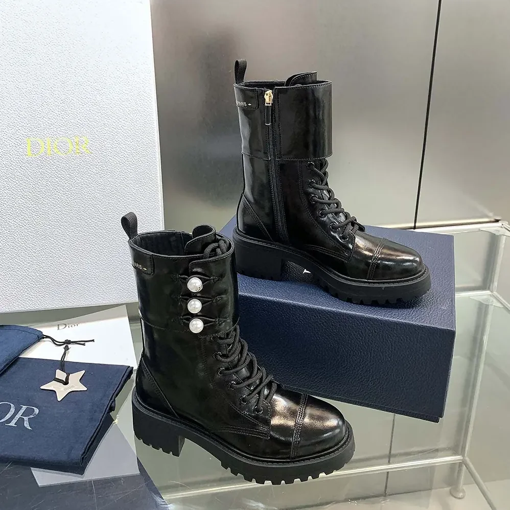 Dior D-Strike Ankle Boot Black Matte Calfskin and White Resin Pearls for Women Dior D-Strike Ankle Boot Black Matte Calfskin and White Resin Pearls for Women