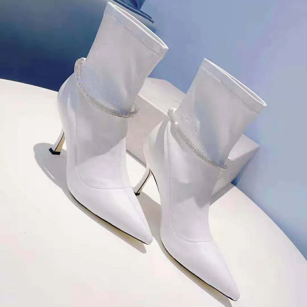 Jimmy Choo Leroy 90 Latte Stretch Bonded Fabric Sock Boots with Crystal Embellishment for Women