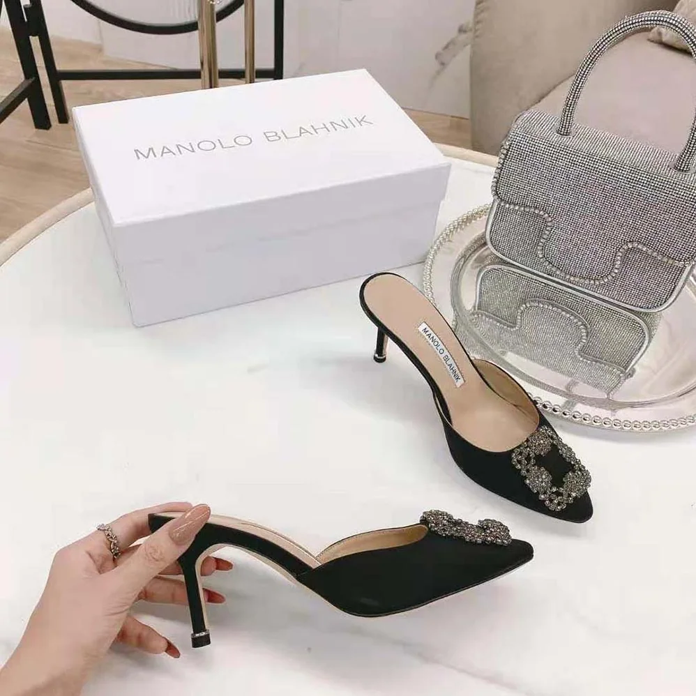 Manolo Blahnik Black Satin Jewel Buckle Mules for Women Manolo Blahnik Black Satin Jewel Buckle Mules for Women