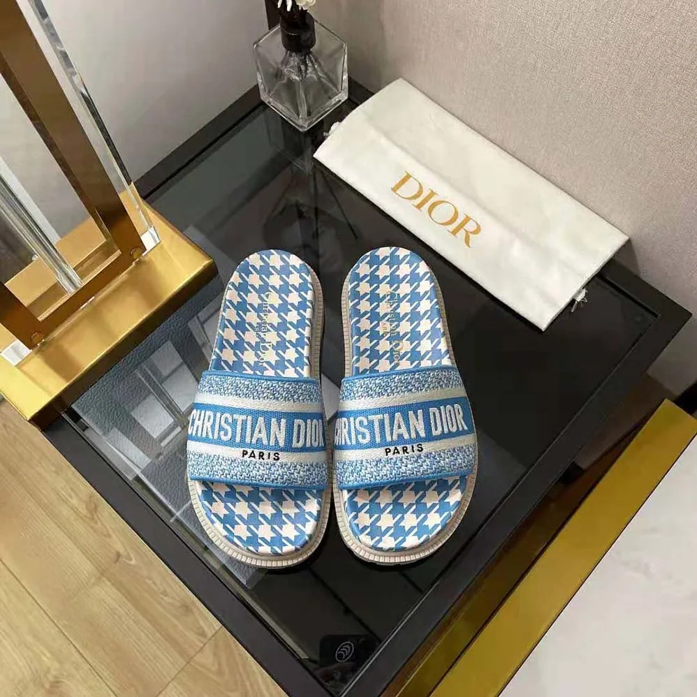 Dior Dway Slide Cornflower Blue Embroidered Cotton with Micro Houndstooth Motif for Women