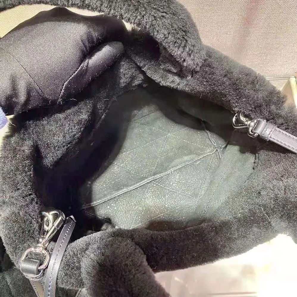 Prada Iconic Triangle Logo Soft Shearling Tote for Women in Black Prada Iconic Triangle Logo Soft Shearling Tote for Women in Black