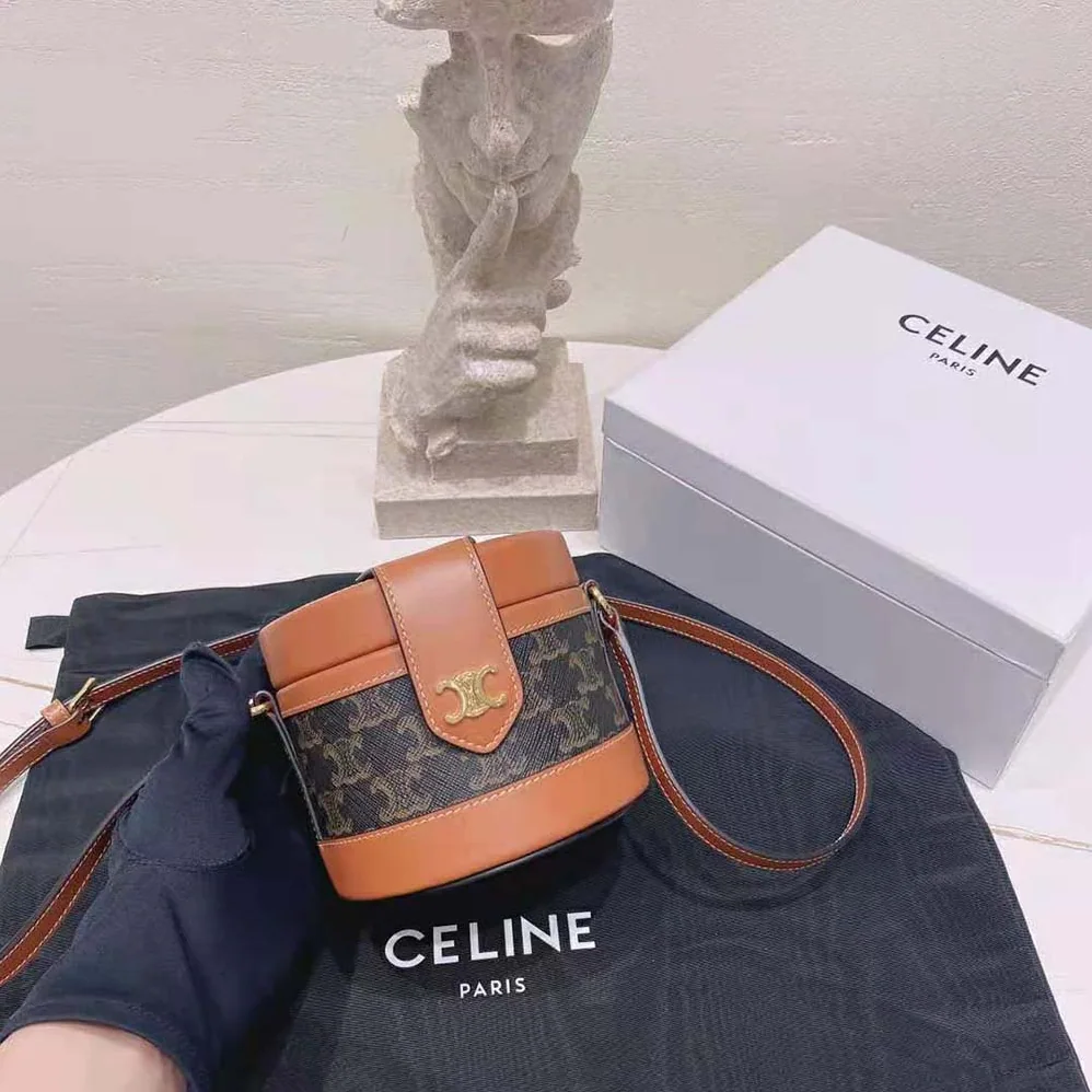 Celine Small Tambour Bag in Triomphe Canvas and Calfskin for Women in Brown
