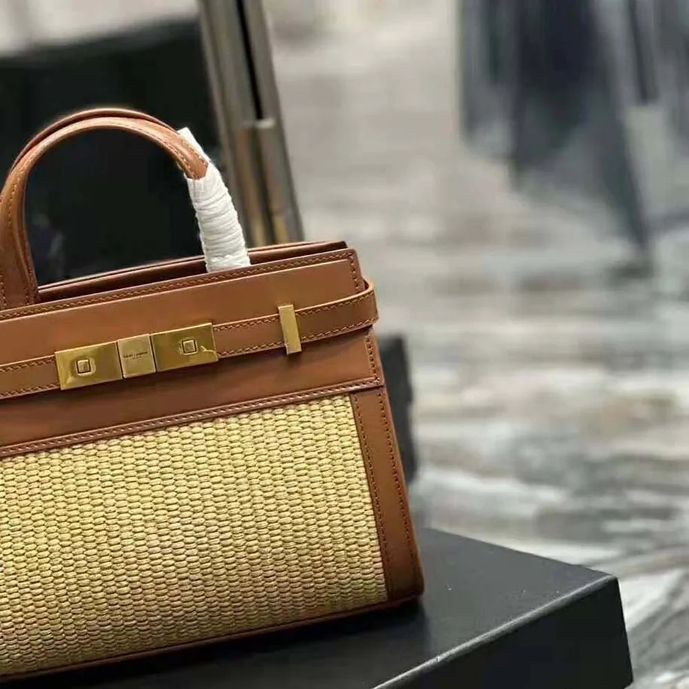 Saint Laurent YSL Manhattan Nano Shopping Bag in Raffia and Smooth Leather for Women in Brown Saint Laurent YSL Manhattan Nano Shopping Bag in Raffia and Smooth Leather for Women in Brown