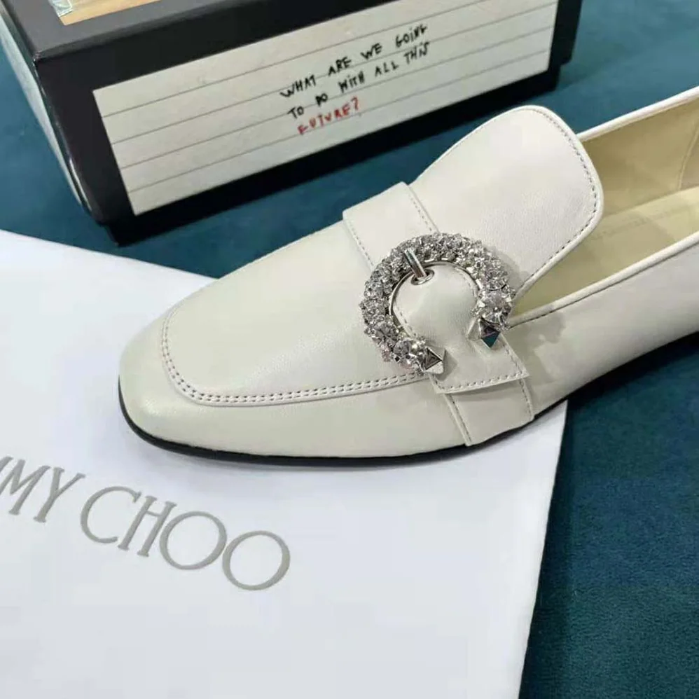 Jimmy Choo Mani Flat Latte Nappa Leather Loafers with Crystal Buckle for Women Jimmy Choo Mani Flat Latte Nappa Leather Loafers with Crystal Buckle for Women
