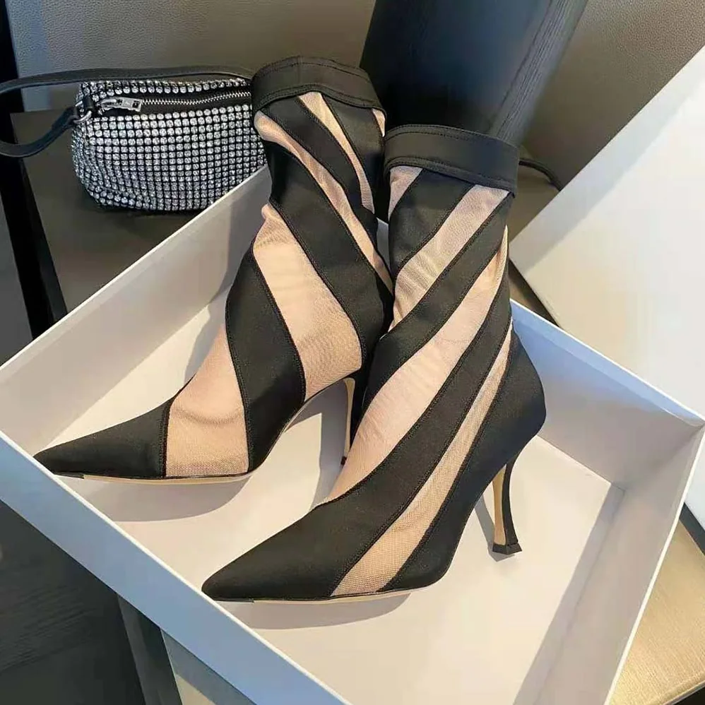 Jimmy Choo Mugler Sock Ankle Boot Black and Nude Sheer Spiral Stretch Fabric for Women