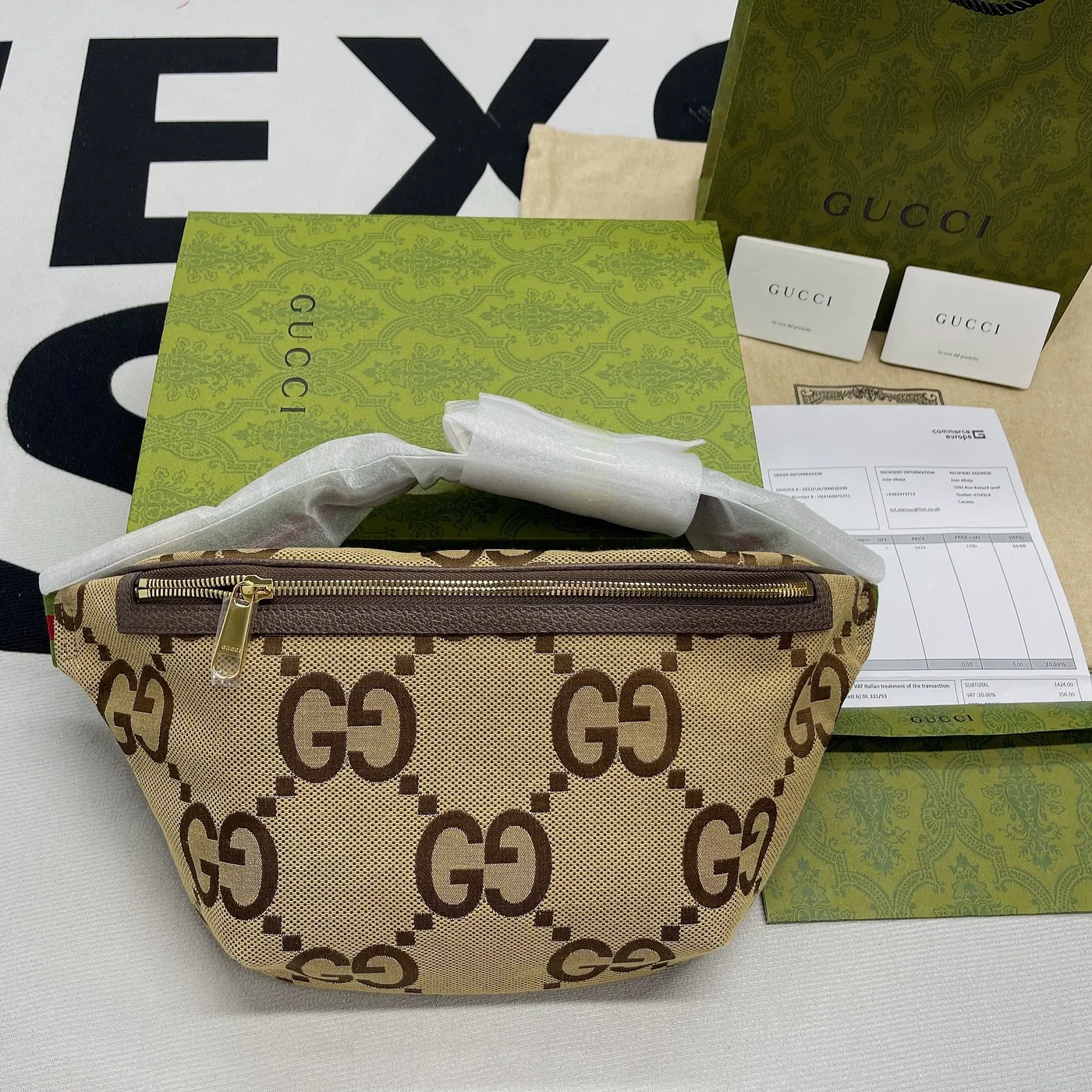 Gucci Jumbo GG Belt Bag / Camel/ Ebony Jumbo GG Canvas