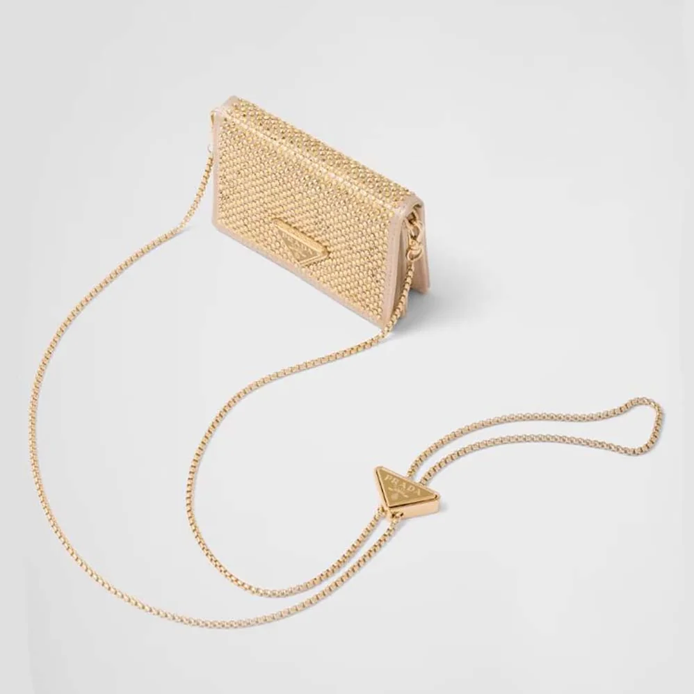 Prada Cardholder with Shoulder Strap and Crystals for Women in Gold
