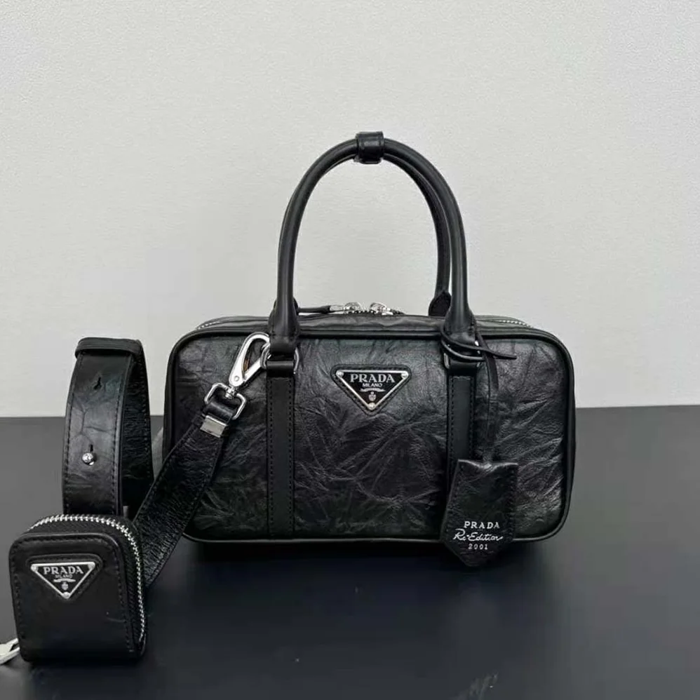 Prada Small Antique Nappa Leather Top Handle Bag for Women in Black Prada Small Antique Nappa Leather Top Handle Bag for Women in Black
