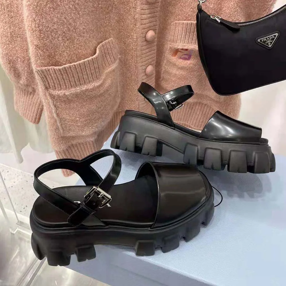 Prada Monolith Brushed Leather Sandals in 55mm Heel for Women in Black