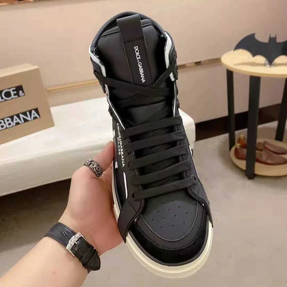 Dolce Gabbana D&G Calfskin 2.Zero Custom High-Top Sneakers with Contrasting Details for Men in Black