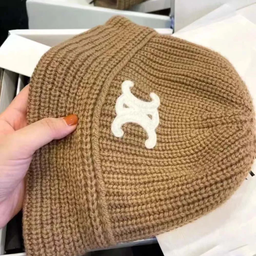 Celine Triomphe Embroidered Beanie in Seamless Cashmere for Women in Sandy