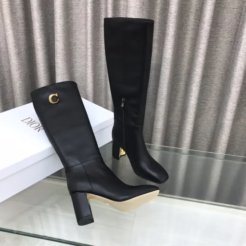 Dior Logo Knee-High Boot in Black Calfskin with Gold for Women in Tone Accents Dior Logo Knee-High Boot in Black Calfskin with Gold for Women in Tone Accents