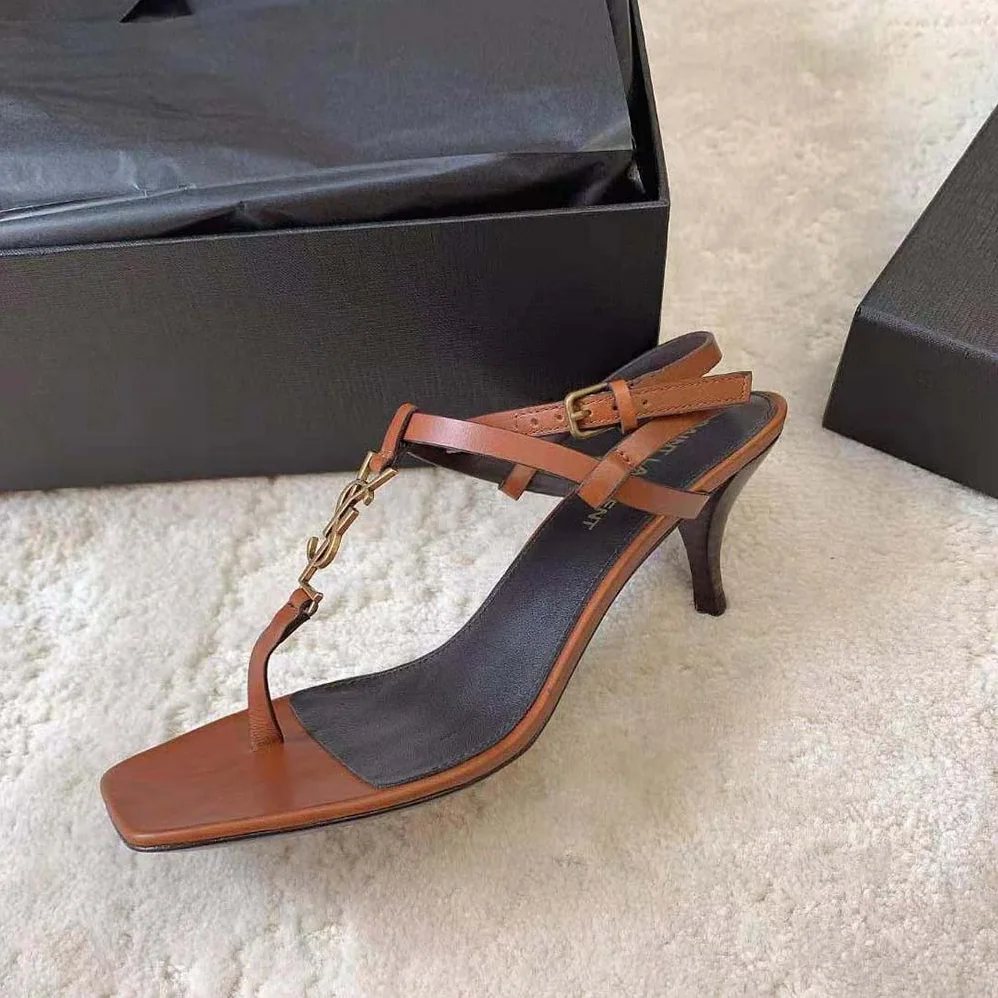 Saint Laurent YSL Cassandra Sandals in Smooth Leather for Women in Brown
