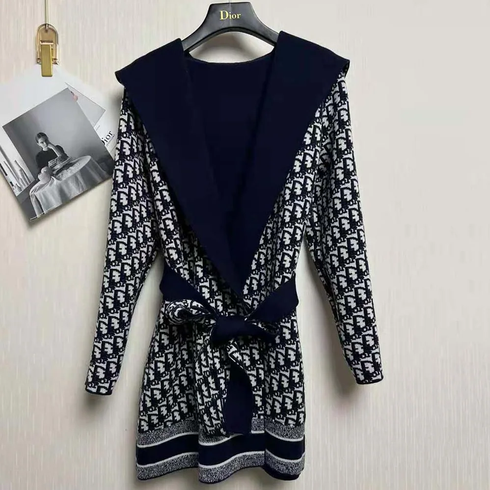 Dior Cropped Coat with Hood and Belt Navy Blue Double for Women in Sided Wool